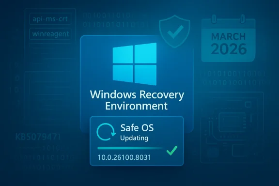 Windows Recovery Environment screen showing Safe OS updating with a progress bar and checkmark.