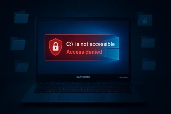 Samsung laptop screen shows a red 'C:\ is not accessible — Access denied' warning.