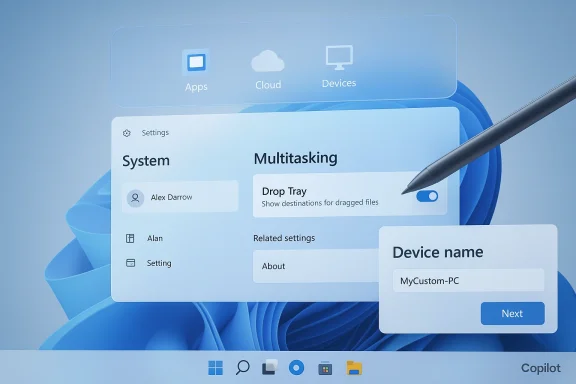 Windows-inspired settings UI showing Multitasking, Drop Tray toggle, and a device-name dialog.