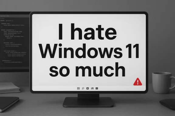 A computer monitor displays large text saying “I hate Windows 11 so much” with a red warning triangle.