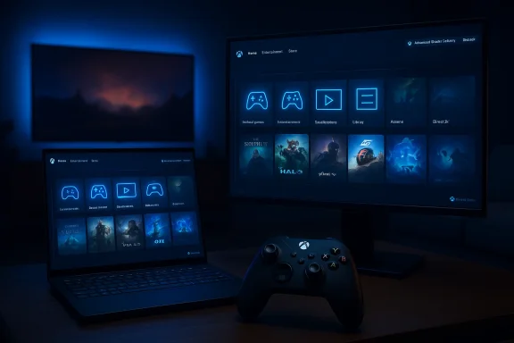 Blue-lit gaming setup with a laptop and large monitor displaying a game library, plus a controller. Blue-lit gaming setup with a laptop and large monitor displaying a game library, plus a controller.