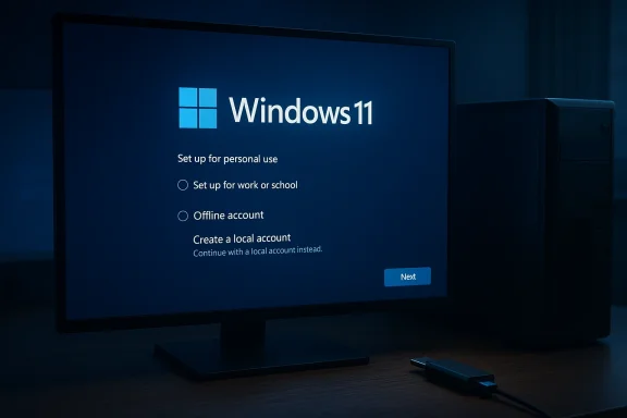 Windows 11 setup screen on a desk showing options for personal, work, offline, or local accounts.
