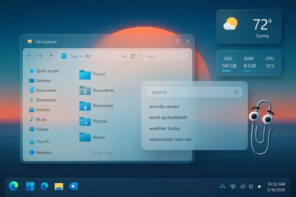 Futuristic Windows-like desktop with floating File Explorer, search panel, weather and system stats on a sunset background.
