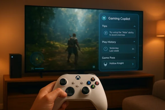 A person holds an Xbox controller as a Gaming Copilot HUD appears on the TV.