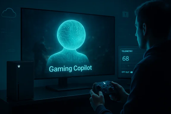A gamer with a controller watches the Gaming Copilot hologram on screen.
