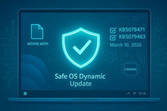 Neon blue laptop screen featuring a shield with a checkmark and the text 'Safe OS Dynamic Update.'