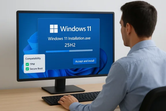 A man installs Windows 11 on a desktop screen, showing TPM and Secure Boot compatibility.