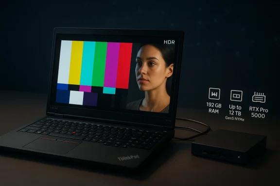 A ThinkPad laptop shows color test bars beside a portrait, with a docking hub nearby.