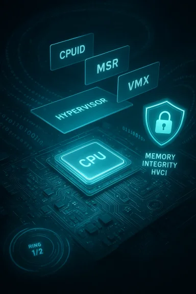 A futuristic diagram showing CPU, hypervisor, VMX blocks and a memory integrity shield.