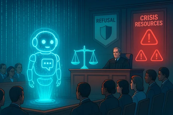 A glowing holographic AI robot testifies in a courtroom before a judge as citizens watch.