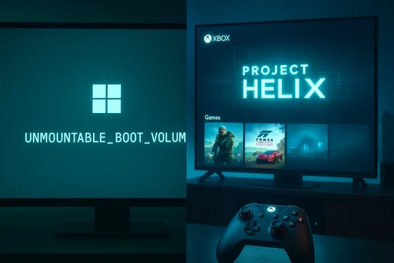 Xbox display split: Project Helix on the right screen, Unmountable_Boot_Volume on the left, with a controller.