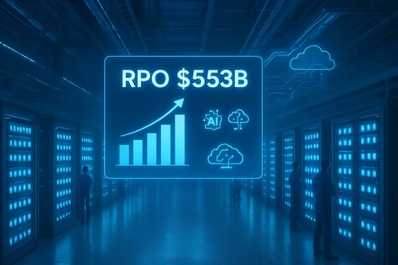 Blue-lit data center with a neon screen showing 'RPO $553B' beside a rising bar chart and AI/cloud icons.