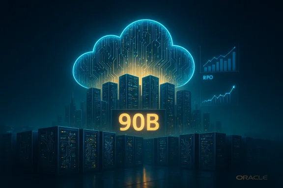 Futuristic cloud data center with glowing circuitry and towering servers, Oracle 90B.
