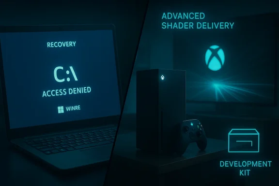 Neon-blue Xbox development kit setup featuring a console, controller, and a laptop showing “Access Denied” recovery.
