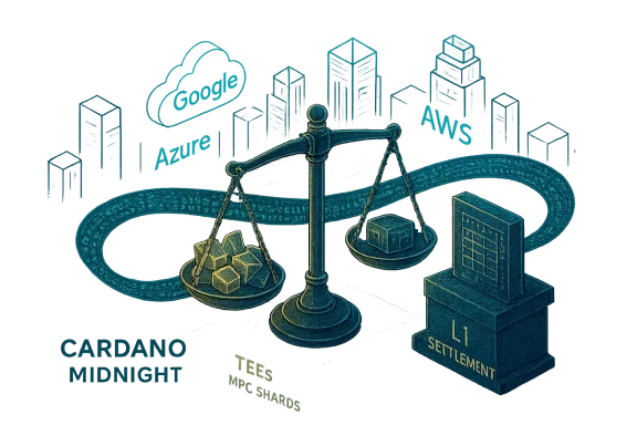 A scale balances L1 blockchain settlement against cloud platforms like Google, Azure, and AWS.