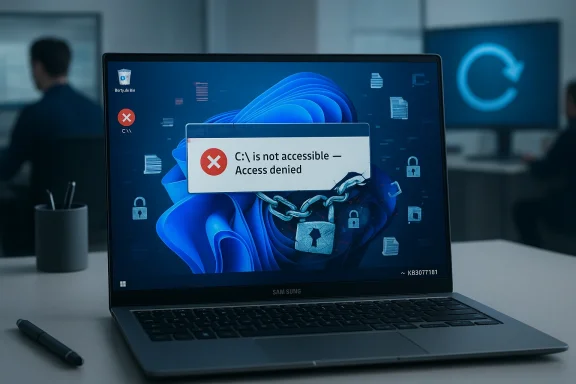 Laptop screen shows “C:\ is not accessible — Access denied” with a chained lock graphic. Laptop screen shows “C:\ is not accessible — Access denied” with a chained lock graphic.