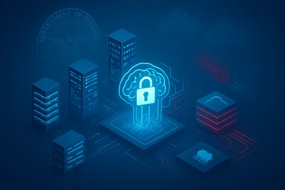 A neon brain with a padlock sits on a microchip, surrounded by servers, symbolizing AI cybersecurity.