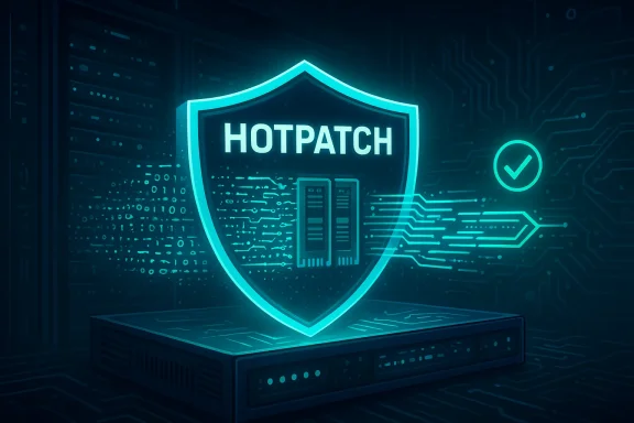 Neon shield labeled HOTPATCH floats above a circuit-filled cyber backdrop.