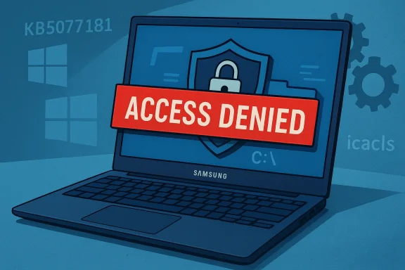 Laptop shows an 'Access Denied' banner with a shield, signaling blocked access. Laptop shows an 'Access Denied' banner with a shield, signaling blocked access.