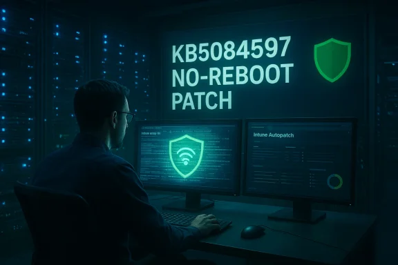 Tech worker monitors a No-Reboot Patch deployment in a dim server room.