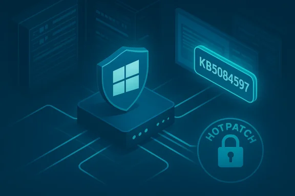 Cybersecurity illustration: Windows shield atop a server with a hotpatch lock.