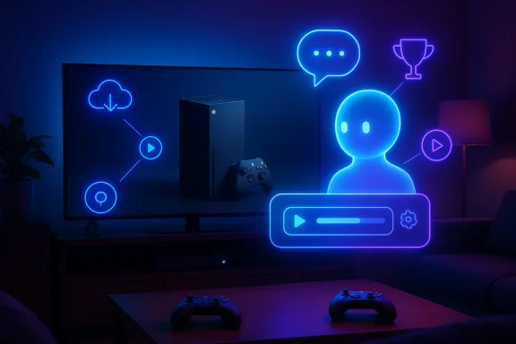 Blue neon holographic avatar and icons hover around a PS5 setup in a dark living room. Blue neon holographic avatar and icons hover around a PS5 setup in a dark living room.