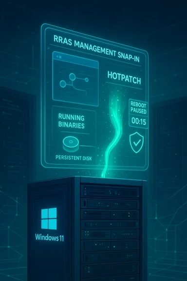Futuristic data center with a glowing Windows 11 server displaying RRAS management HUD.