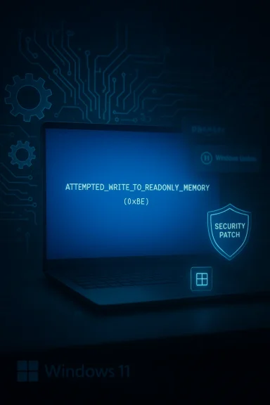 Blue laptop screen shows ATTEMPTED_WRITE_TO_READONLY_MEMORY error with a security patch shield. Blue laptop screen shows ATTEMPTED_WRITE_TO_READONLY_MEMORY error with a security patch shield.