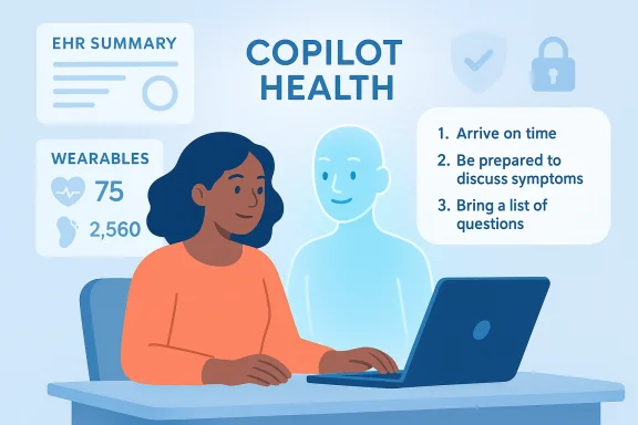 A person sits at a laptop with a blue holographic health assistant and data panels.