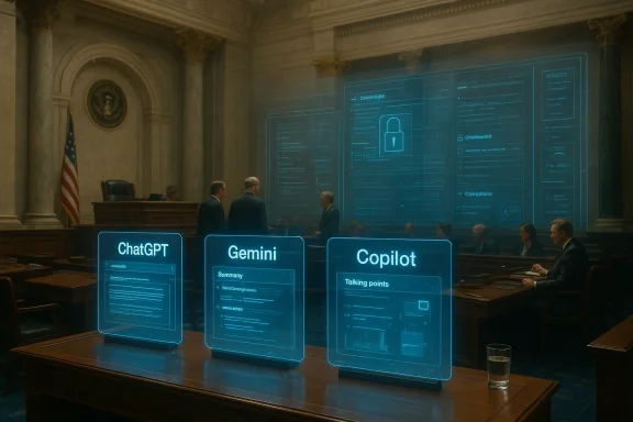 In a grand courtroom, glowing AI panels labeled ChatGPT, Gemini, and Copilot guide discussions.