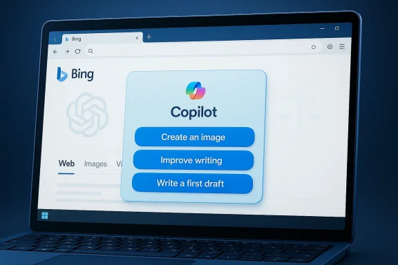 Laptop screen shows Bing with a Copilot pop-up offering image creation and writing help.