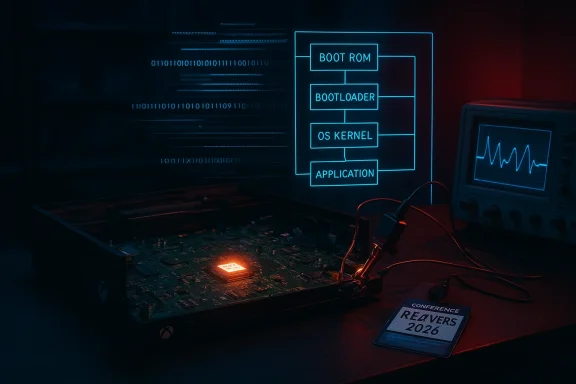 Neon blue boot-sequence diagram (ROM to application) above an open motherboard and an oscilloscope.
