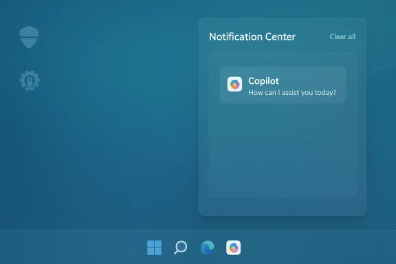 Blue desktop with a floating Notification Center showing Copilot: How can I assist you today?
