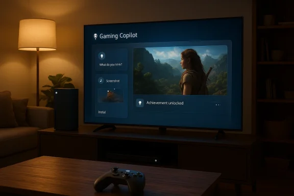 Cozy living room with a large TV showing Gaming Copilot UI and a game scene, plus a console and controller. Cozy living room with a large TV showing Gaming Copilot UI and a game scene, plus a console and controller.