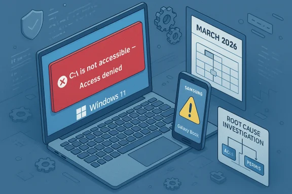 A Windows 11 laptop shows an access-denied error, with security alerts on a Samsung phone.