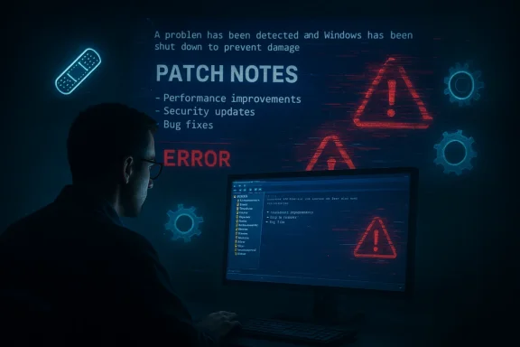 A person at a desk monitors a blue neon wall displaying patch notes, errors, and warning icons. A person at a desk monitors a blue neon wall displaying patch notes, errors, and warning icons.