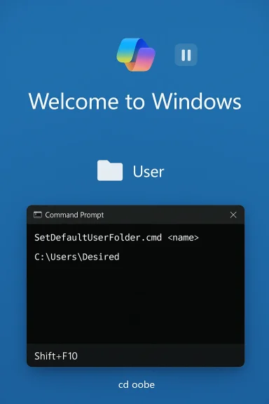 Windows welcome screen with a User folder icon and a Command Prompt showing a sample user path.