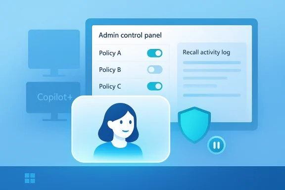 Illustration of an admin control panel with policy toggles, activity log, and a user avatar.