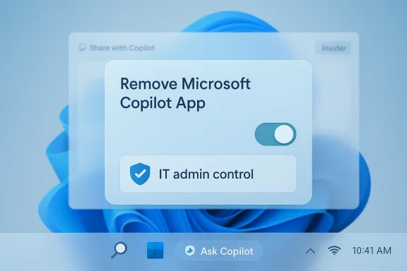 A dialog to remove the Microsoft Copilot app, featuring an IT admin control toggle.