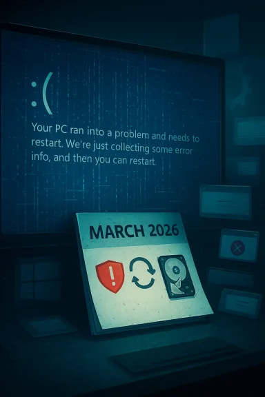 A Windows blue screen of death error on a monitor, with a March 2026 calendar on the desk.