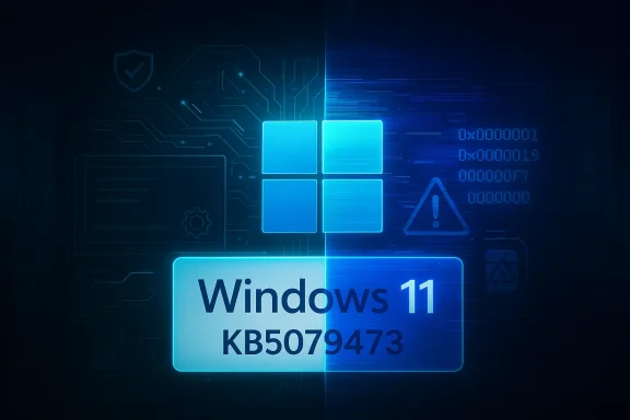 Futuristic blue Windows 11 graphic highlighting update KB5079473. Futuristic blue Windows 11 graphic highlighting update KB5079473.