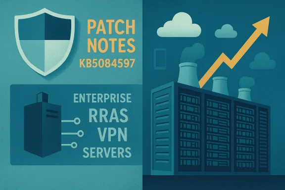 Tech infographic showing patch notes, enterprise VPN servers, and rising data center growth.