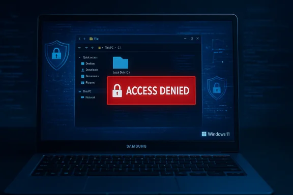 A Samsung laptop shows a red “ACCESS DENIED” warning over Windows 11 file explorer.