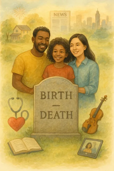 A family stands together beside a tombstone engraved with “Birth” and “Death” in a sunny park.