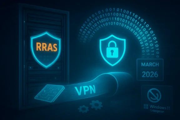 Cybersecurity concept art showing an RRAS shield and a VPN tunnel protecting data.