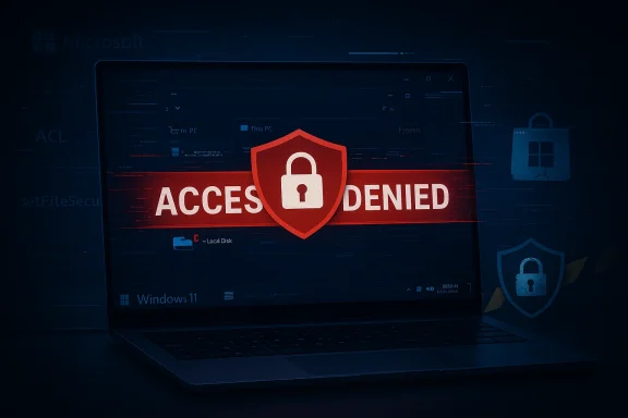Laptop displays a red “ACCESS DENIED” banner with a shield and lock icon, signaling a security block.