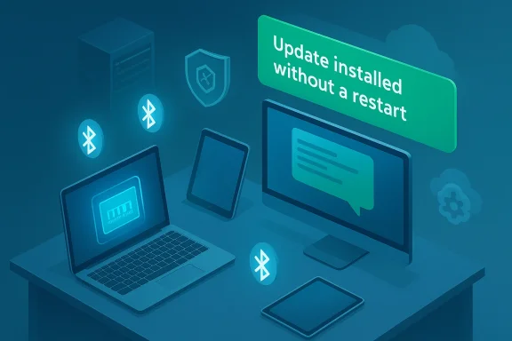 Blue-toned tech setup with laptops, tablets, and a banner reading 'Update installed without a restart.'