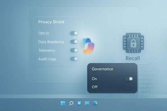 Futuristic UI with Privacy Shield toggles and a Governance switch on a blue digital dashboard.