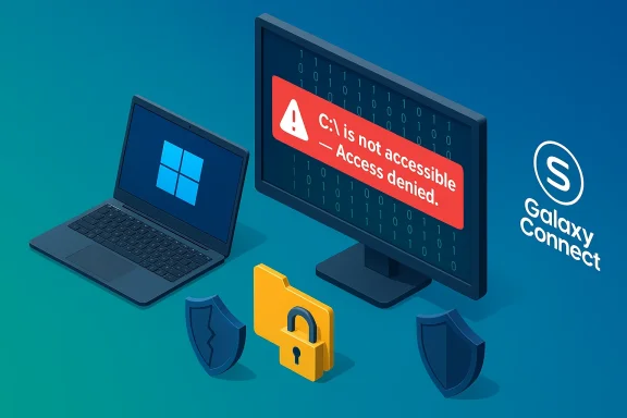 Computer screen displays 'C:\ is not accessible — Access denied' with security shields.