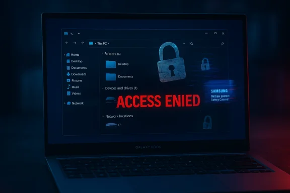 Laptop screen displays Windows Explorer with a red ACCESS DENIED message and padlock icons. Laptop screen displays Windows Explorer with a red ACCESS DENIED message and padlock icons.